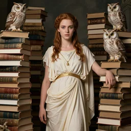 a young diane lane as the goddess minerva surrounded by stacks of books, owls, esoteric symbols, in the style of dariusz zawadzki, 8 k, hyperdetailed
