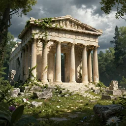 beautiful highly detailed digital illustration of greek palace ruins in the forest. by Andreas Rocha, dramatic clouds, flowers and vines and creepers, establishing shot, cinematic, architecture, artstation HQ, HD, 8k resolution, featured in art magazine, amazing depth, octane render, unreal engine 5