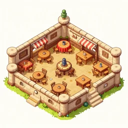 A  high detailed vector art presenting  an aerial view of a cartoonish RPG tavern by dungeondraft, dofus, Patreon content, containing tables and walls, HD, straight lines, vector, grid, dnd map, map patreon, fantasy maps, foundry vtt, fantasy grounds, aerial view ,dungeondraft , tabletop, inkarnate, dugeondraft, roll20