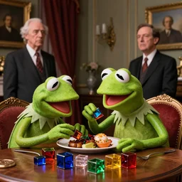 beautiful studio photograph of a surrealist assemblage of kermit the frog eating a delicious meal of stained glass tetris blocks in the presidential suite, sculpted by ron mueck and matthew barney and rene magritte, hysterical realism intense cinematic lighting shocking detail 8 k