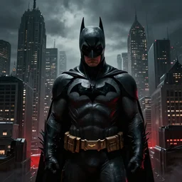 the dark knigth batman city large buildings cinematic grim ambient gray red highlights city lights