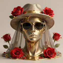 a head made out of melting metal, neutral palette, it is wearing sunglasses and a hat and a veil, there are red roses all around it, golden paint melting, vogue cover style, depth of field, demonic style, smooth fractal style, ethereal fantasy style, 3 d perfect render style, horror style