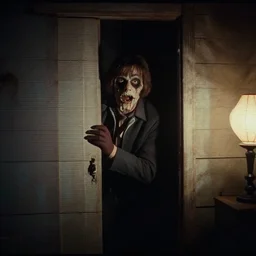 a scene from a 1 9 7 8 s halloween, rip taylor is hiding in a closet from the shape, vhs distortion, cathode ray tube distortion, folk horror, hauntology, 8 k, 8 5 mm f 1. 8, studio lighting, rim light, right side key light