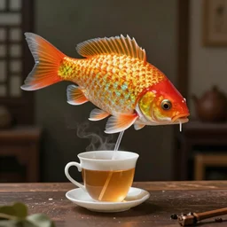 photomanipulation of a supernatural fish drinking a cup of tea by a straw.