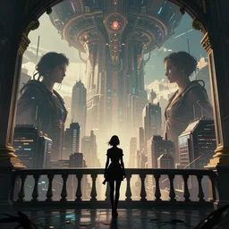 silhouette of a woman standing on a bridge overlooking an axonometric cyberpunk city, by Rolf Armstrong and Evelyn De Morgan and Bastien Lecouffe-Deharme, dramatic lighting, high contrast colors, baroque, empyrean, panoramic view, as trending on Artstation, highly detailed, cryengine,
