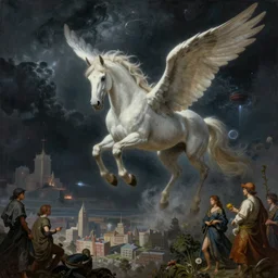 an ultradetailed landscape painting of a white winged horse descending from space, looming ominous over a city, dark thunderstorm, lovecraftian horror, cosmic horror, intricate detail, cinematic, 8 k, cel shaded, volumetric lighting, octane render, art by greg rutkowski, jeong seon, alphonse mucha, albert bierstadt