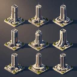 collection of isometric building assets, sci fi, modern architecture, game dev art