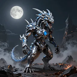 snarling d&d dragonborn with silver and blue color scheme standing in a smoking crater, glowing eyes, glowing mouth, highly detailed, full body single character, centered, moonlit night, good value control, high contrast, biomechanical, cinematic, illustration, concept art