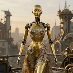 brass semi - mechanical woman, portrait, floral art novuea dress, art by ardian syaf and moebius, serge marshennikov, in steampunk cityscape, golden hour, robotic prosthetic limbs