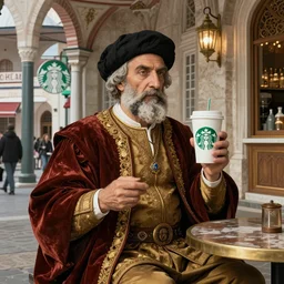 kanuni Sultan suleyman waiting his starbucks order in 1500s istanbul, detailed photorealistic digital art, baroque