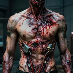a cyberpunk torso with lacerations and rotting flesh decay, dripping splattered red oil, electrical wiring and broken machines, cables veins tendons blood, degraded, film grain, light leaks, stains, by jeremy mann, by beksinski and craig mullins and by tsutomu nihei