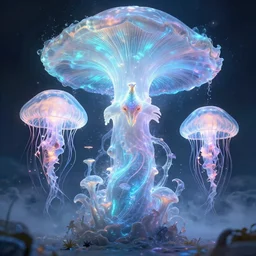 3 d, yggdrasil, sprirtual awakening, astral, giant gladiola and jellyfish face chakra phoenix bird in a giant mycelium fungus, translucent, bio luminescent, plasma, smoke and water energy flow. highly detailed. octane render, excellent composition