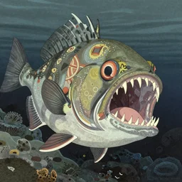 illustration of an angler fish, in the stle of yoshi yoshitani, deep sea, large mouth filled with pointed teeth, stylized linework, ornamentation, artistic, muted color wash