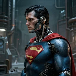 a rugged engineer superman with cybernetic enhancements in a melting factory, scifi character portrait by greg rutkowski, esuthio, craig mullins, 1 / 4 headshot, cinematic lighting, dystopian scifi gear, gloomy, profile picture, mechanical, half robot, implants, steampunk