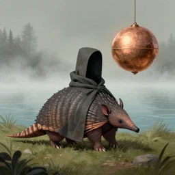 an illustration of an armadillo, wearing a hooded cloak, stands next to a levitating copper orb, foggy lake, illustration by alan bean