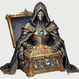 omnipotent treasure!!!! assassin, matte concept art, intricate linework, precious! ornate! hooded cybernetic! colorful!!!!!!!! glowing precious gems gothic crystals!!!! baroque magical armor cloak!!, clear focus, iridescent!!!!!, realistic, wlop, chebokha, rutkowski, artgerm