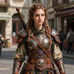 detailed ultrarealistic photography of rustpunk rustic robust street warrior budapest girl, greg rutkowski, greg hildebrandt artstation mignola cinematic, full shot, natural sunlight
