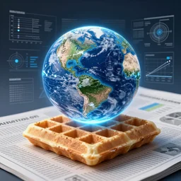 the image of earth projected onto a waffle, with scientific figures and infographics and charts and graphs, magazine article