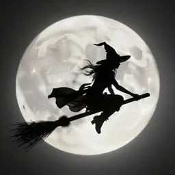witch flying on her favorite broom. silhouette across the full moon.