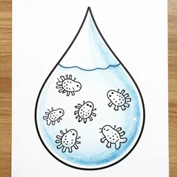 a coloring page of a water drop with tardigrades swimming inside