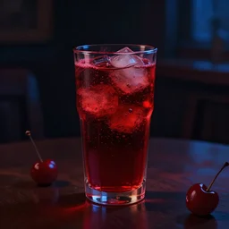 photorealistic digital painting of a glass of cherry soda, very dim red lights, very dim blue lights, very dark room, dark background, very photorealistic