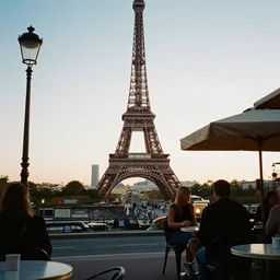 cafe in paris, sunset, 3 5 mm, iso 4 0 0, kodak
