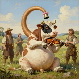 painting of a big fat cow with a long! curved! neck!. it's neck has a bell attached with a pink ribbon. it's fore udder lay on the ground as the cow is in sit position. the cow is playing violin with it's front legs. the scene is in a medieval styled field with three peasants spitting on the cow's face.