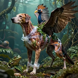 a high resolution realistic displacement portrait of a deep sea creature in a rainforest, muscles normal map creature made of doglike class aves skin veins merged frog, bump map strangled by plastic wrap bower bird creature wrinkles pheasant, ivy complex feathers exotic morphing hoopoe, zebra morphing wings king vulture head