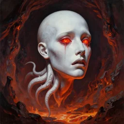 wayne barlowe painting of a flying sorrowful looking severed human head, floating head with tears running down it's eyes, face that is chalk white in color, with long white tentacles stemming from it's neck, fiery scorching red eyes, background sprawling terrifying hellish cave with lava flowing through it's walls, 4 k