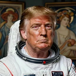A portrait of Donald trump ,spacesuit, red eyes, 4k, sharp focus, art by artgerm and greg rutkoski and alphonse mucha