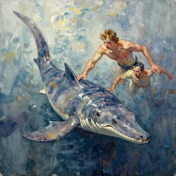 abstract watercolor painting of a swimming prehistoric caveman, plesiosaurus, paint brush strokes, art by hans dahl, jesper ejsing, anders zorn, greg rutkowski, greg manchess, wonderful masterpiece, cinematic light, american romanticism
