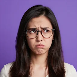 portrait of a confused woman, raised eyebrow, glasses, purple - background, art by ross tran