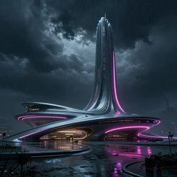 otherworldly atmosphere of an alien planet by arthur haas and bruce pennington and john schoenherr, cinematic neon lights matte painting, zaha hadid building, 8 k realistic, stormy rainfall, dark moody colors