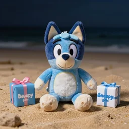 blue'snappy gifts'plush doll, on beach sand, gifts, dark atmosphere, high detail, soft lighting, 8 k