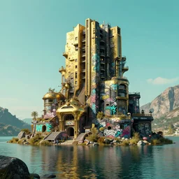 photo hyper realistic concept art house solarpunk in the funny big lake, graffiti style futuriste brutalism, gold and black turquoise ratio, octane render excellent composition style alphosne mucha