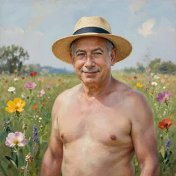 insanely detailed painting of benjamin netanyahu shirtless and wearing a strawhat in a field of flowers, serene, aesthetic, elegant, nature painting, happy, cute, by robert hagan and mark keathley and anton mauve