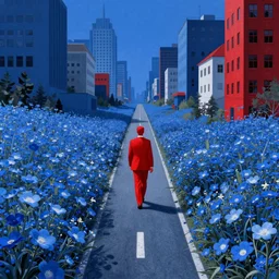 only with blue, a field of blue flowers, a single red male in suit is walking in the middle of the road, blue city in background, in the style of beksinski, parts by edward hopper, parts by rodcenko, parts by yue minjun, intricate and epic composition, red by caravaggio, insanely quality, highly detailed, masterpiece, red light, artstation
