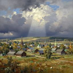 matte painting of russian small town in the steppes by thomas kinkade