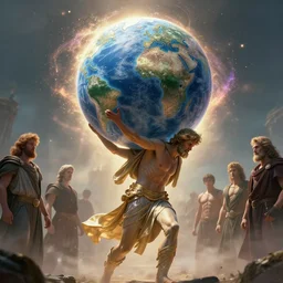 long shot of atlas the greek god carrying the globe on his back, particle effects, ethereal, dreamy, backlit, highly detailed, soft ambient lighting, sharp focus, rule of thirds, epic, masterpiece, digital art, artgerm, wlop, arney freytag, rossdraws, frank frazetta, andrei riabovitchev, hd, octane, 4 k