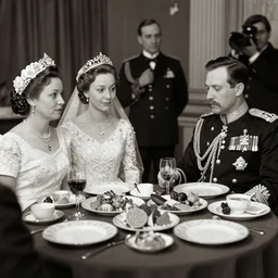 A close up shot, colored black and white Russian and Japanese mix historical fantasy a photograph meal portrait taken at the empress and emperor's royal wedding breakfast, photographic portrait, warm lighting, 1907 photo from the official wedding photographer for the royal wedding. n- 6
