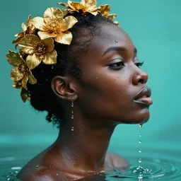 hyperrealistic precisionist cinematic profile expressive! black oshun goddess, in water! up to shoulders, mirror dripping droplet!, gold flowers, highly detailed face, digital art masterpiece, smooth eric zener cam de leon, dramatic pearlescent turquoise light on one side, low angle uhd 8 k, shallow depth of field