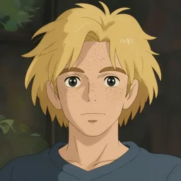 auburn strawberry blonde wavy hair american man with freckles, danny hollander dannyjevriend studio ghibli painterly style, portrait symetrical
