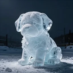 A half melted ice sculpture of a sad puppy, photography