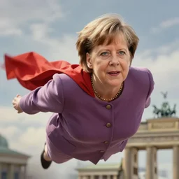 Angela Merkel as Super woman flying over Berlin
