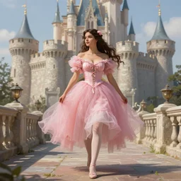 brunette fairy woman, wearing pink romantic tutu, walking in a castle, d & d, fantasy, highly detailed, digital painting, trending on artstation, concept art, sharp focus, illustration, art by artgerm and greg rutkowski and magali villeneuve