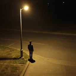 tall man shadow on street lamp at night, 8 mm, found footage