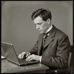 Young man in 1910 working on a laptop, daguerreotype photo, HD