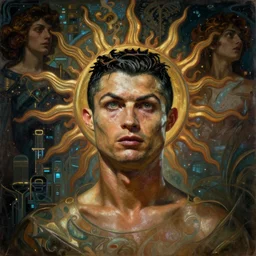 is a stunning, breathtaking, awe-inspiring award-winning conceptual Art Nouveau painting with an attractive Cristiano Ronaldo as the sun god, with disturbing, piercing eyes, Alphonse Mucha, Michael Whelan, William Adolphe Bouguereau, John Williams Waterhouse and Donato Giancola, cyberpunk, extremely gloomy lighting, shining light and shadow, atmospheric, cinematic, unreal Engine, 8K