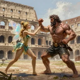 fairy fighting a full grown man, in the colosseum, art by artgerm and greg rutkowski and magali villeneuve, d & d, fantasy, highly detailed, digital painting, trending on artstation, concept art, sharp focus, illustration