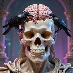 a close - up portrait shot of a man with an open skull, with a crow eating the brain, cult dystopian neon environment, intricate, elegant, highly detailed, centered, digital sculpture, artstation, concept art, smooth, sharp focus, artgerm, 8 k rendering, ray tracing